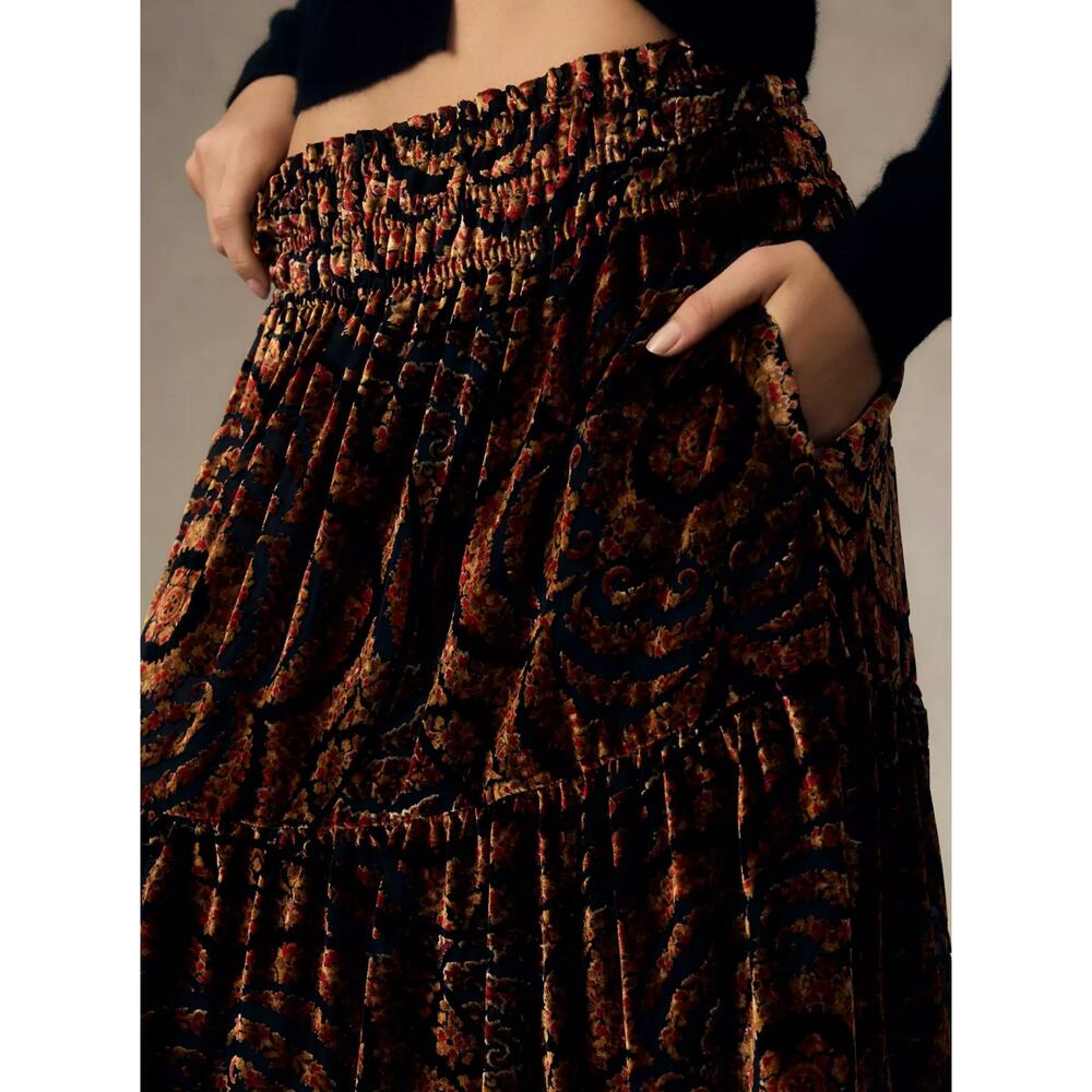 by Anthropologie The Somerset Maxi Skirt: Nina Pace Velvet Edition Orange sz. S - Picture 3 of 10